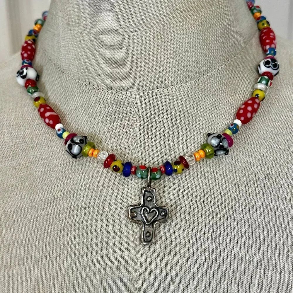 Sterling Silver Cross Pendant w/ Lampwork Glass Beads